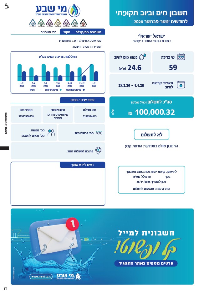 חשבון המים | מי שבע - תאגיד אזורי למים וביוב